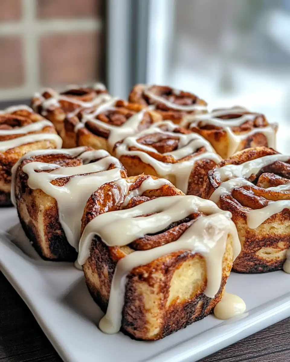 Finished cinnamon roll french toast bites served with icing drizzle and syrup