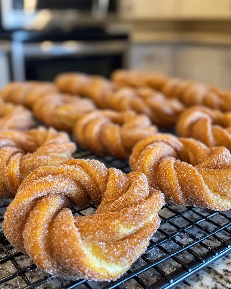 Close up of cinnamon sugar twist donuts just cooked and ready