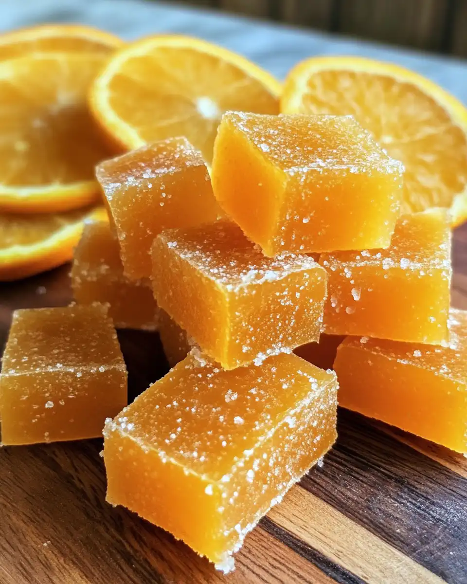 Final candied orange slices ready to eat with sugar coating and translucent texture