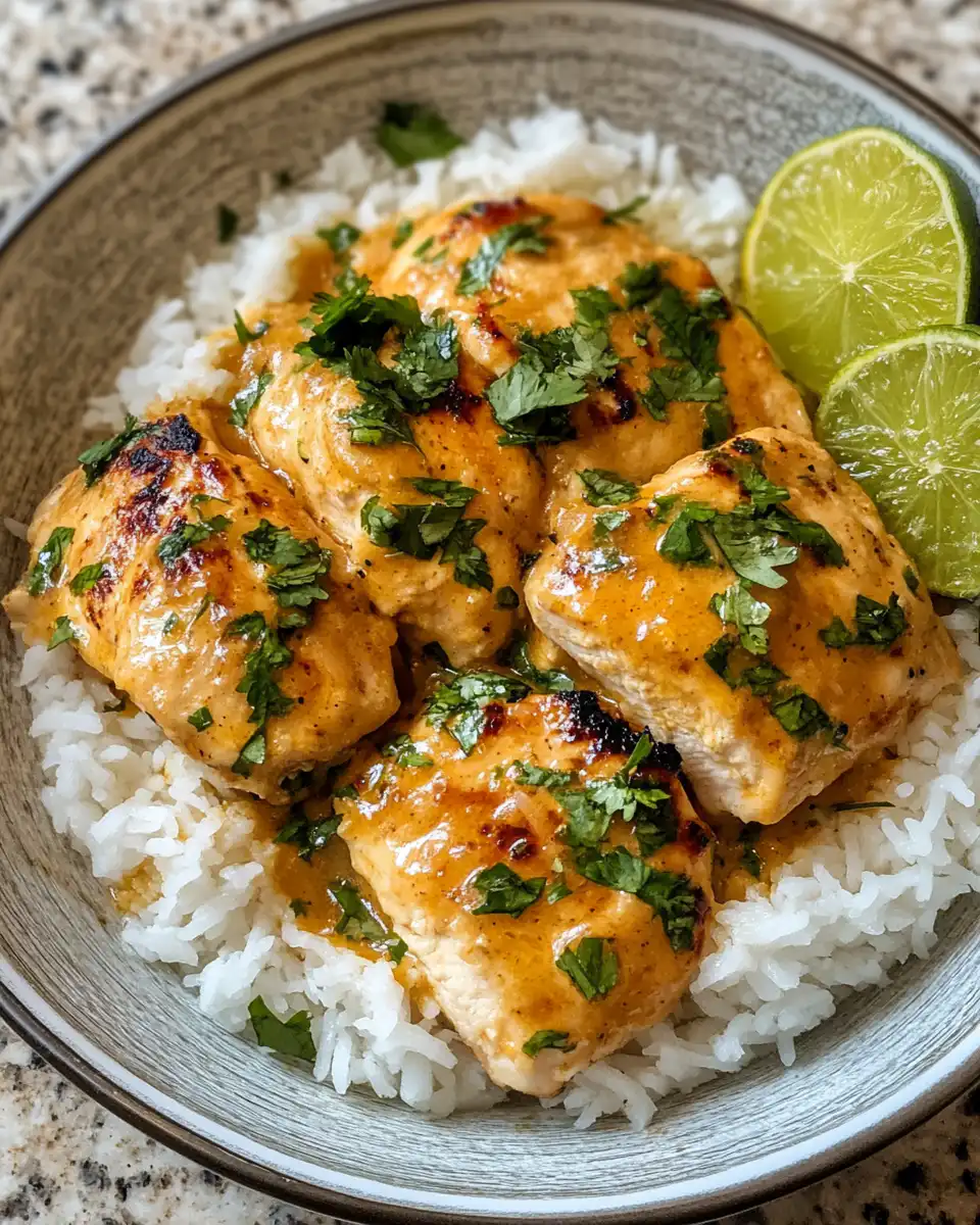 Creamy coconut lime chicken served with rice and garnished with lime wedges