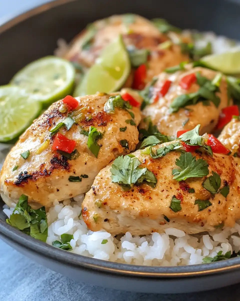 Served Coconut Lime Chicken plated beautifully with green beans and lime wedges