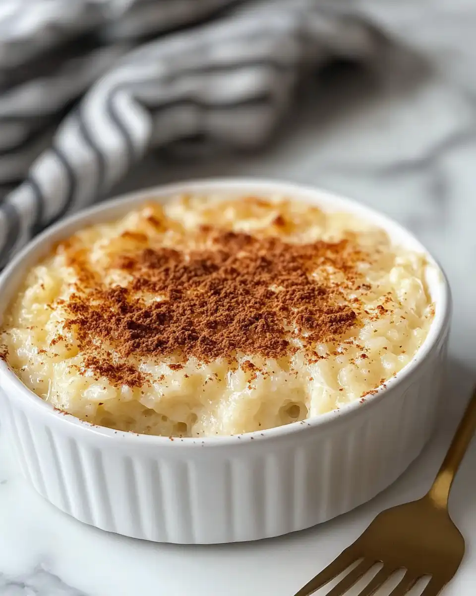 Golden browned baked rice pudding fresh from oven with creamy texture