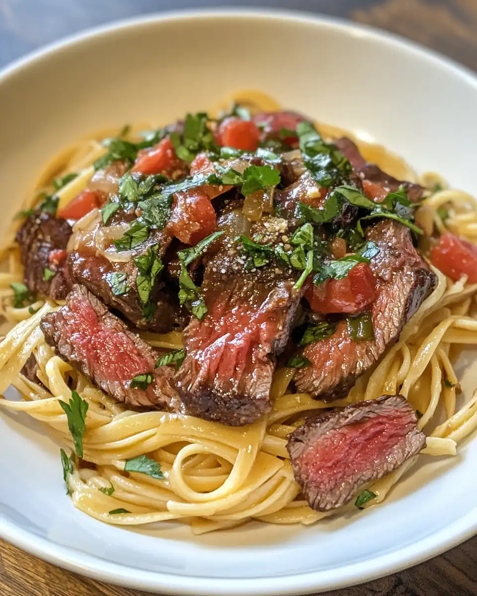 Final plated cowboy butter steak with herbs and sauce