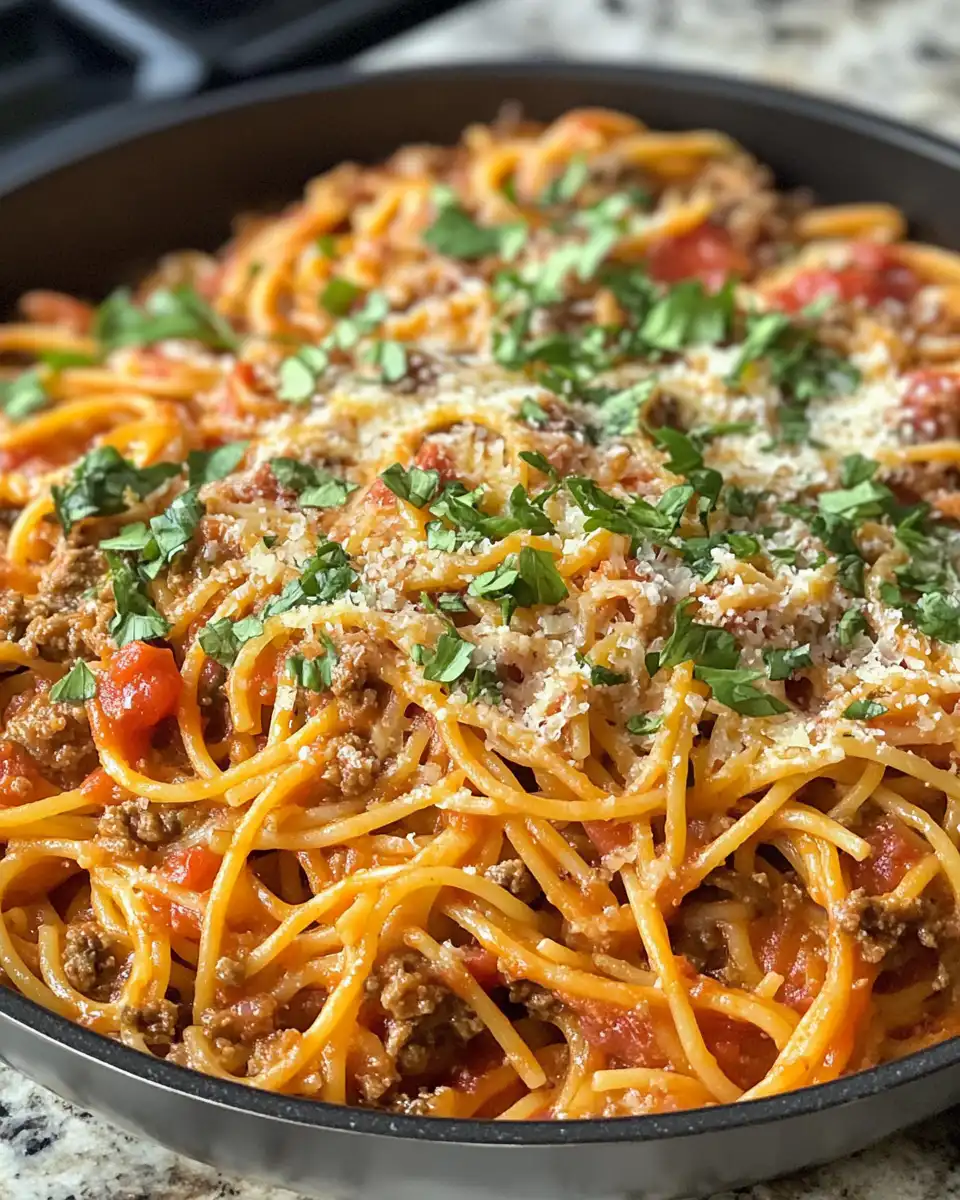 Completed Cowboy Spaghetti served hot on plate with garnish