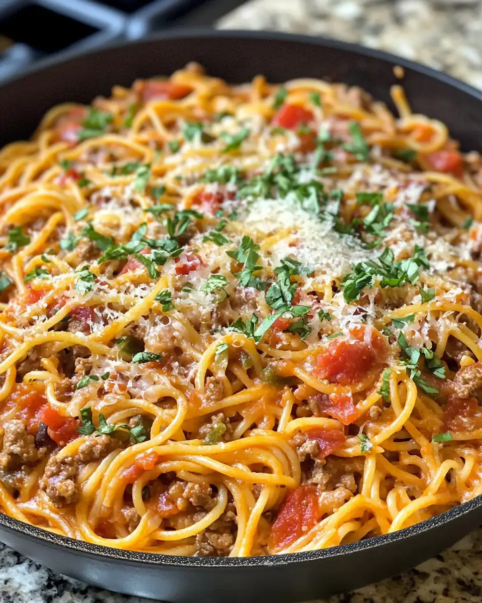 Close up of Cowboy Spaghetti in pressure cooker, steam rising