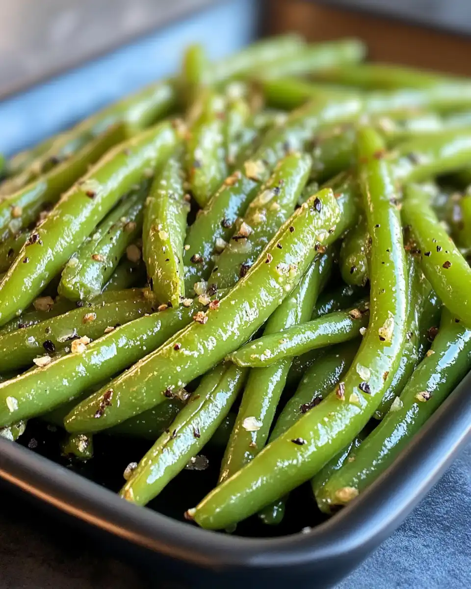 Finished crack green beans served on plate with bacon