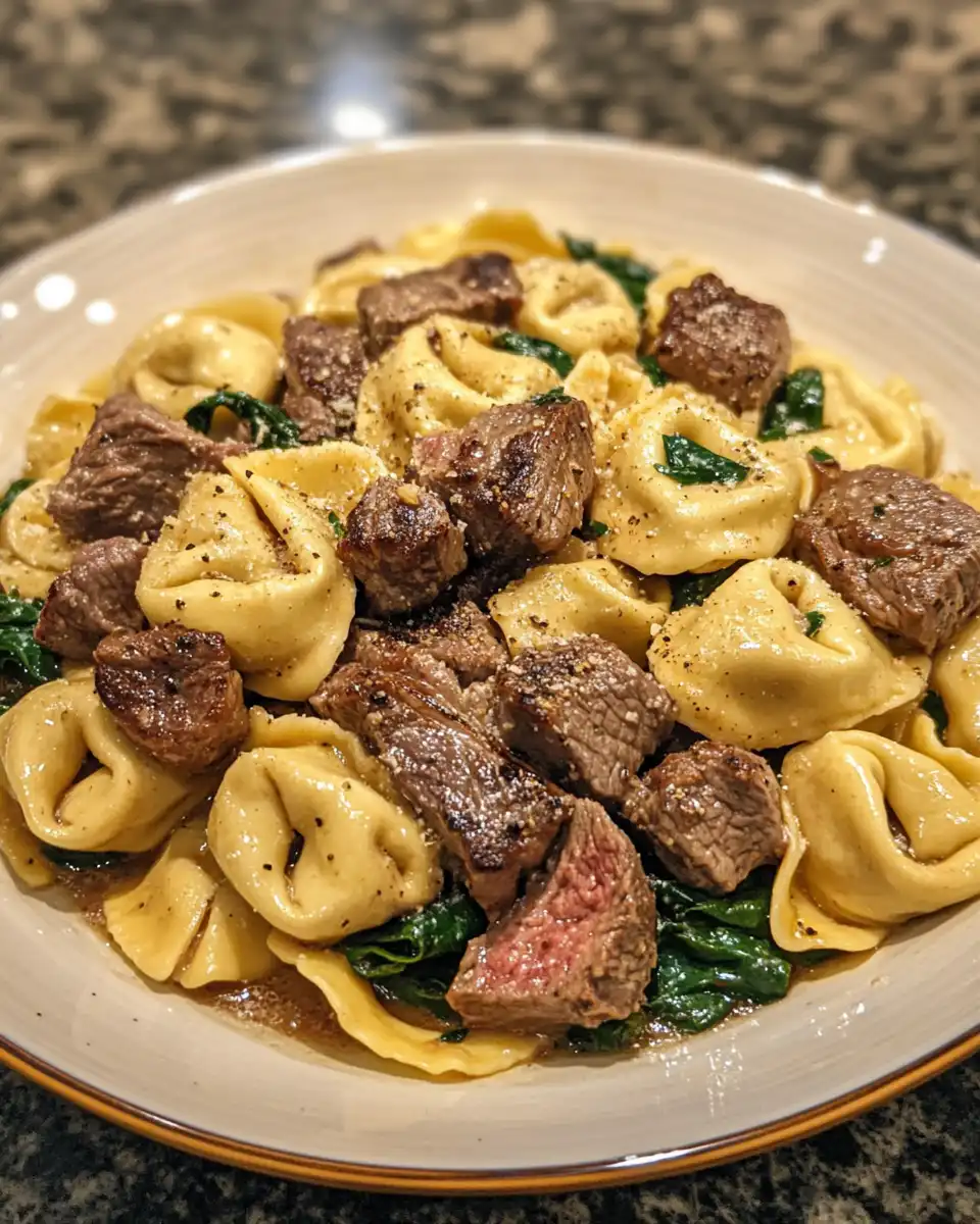 Ingredients for garlic steak and cheese tortellini recipe laid out on counter