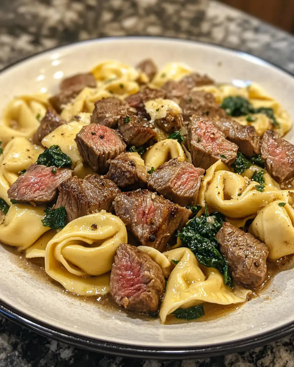 Finished garlic steak and creamy cheese tortellini plated with parsley garnish