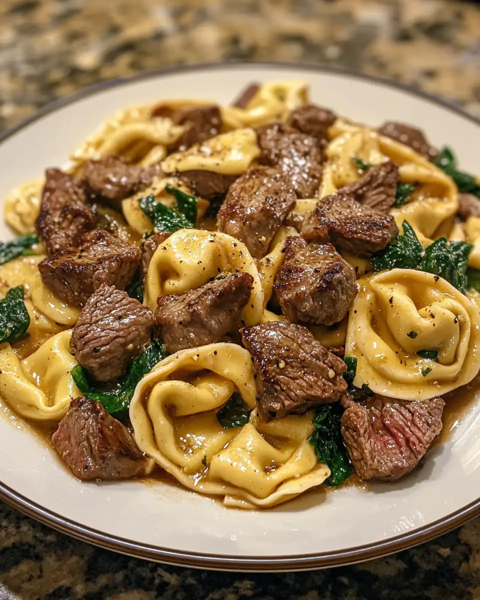 Pressure cooker steaming with garlic steak and cheese tortellini