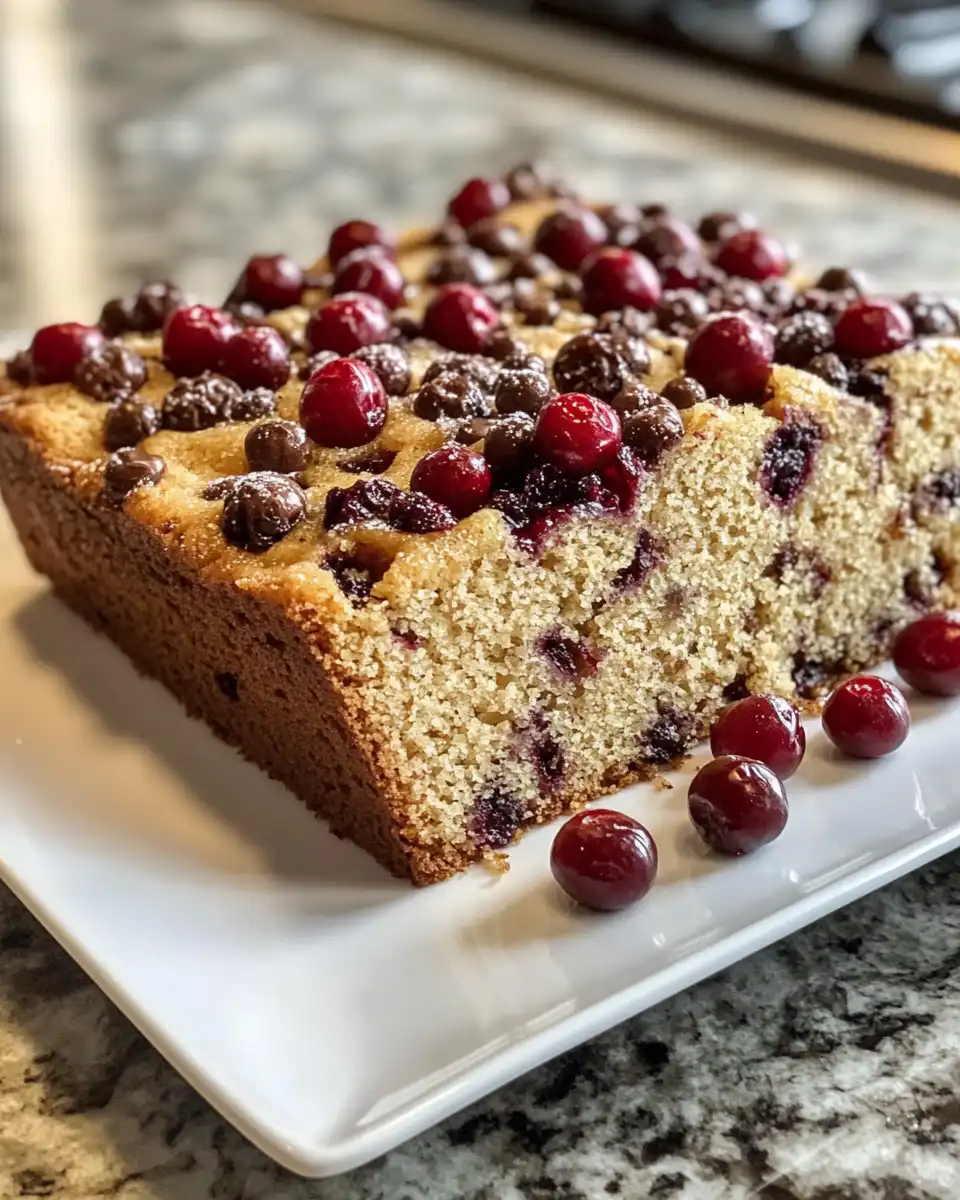 Slice of cranberry orange breakfast cake on a plate