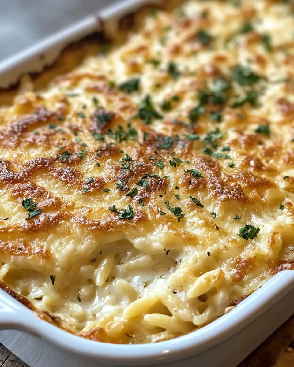 Finished creamy chicken orzo dish with thyme topping
