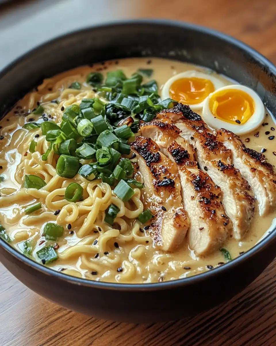 Finished creamy garlic chicken ramen served in bowl with toppings