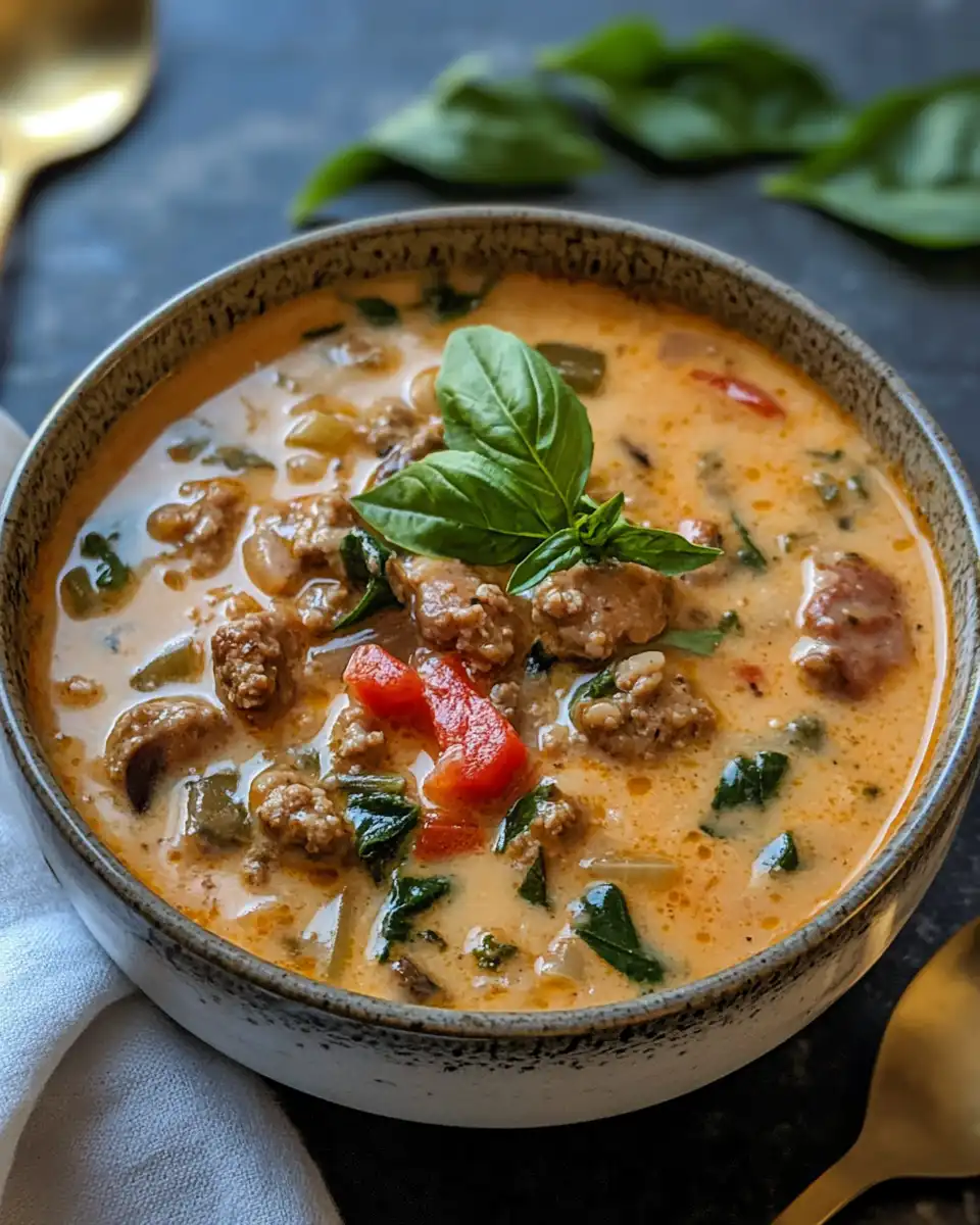 Creamy Italian sausage soup served in a bowl with crusty bread
