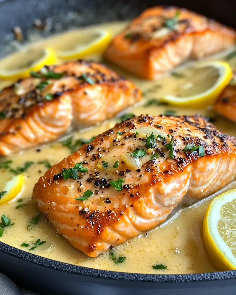 Creamy lemon garlic salmon with capers and lemon sauce plated for serving