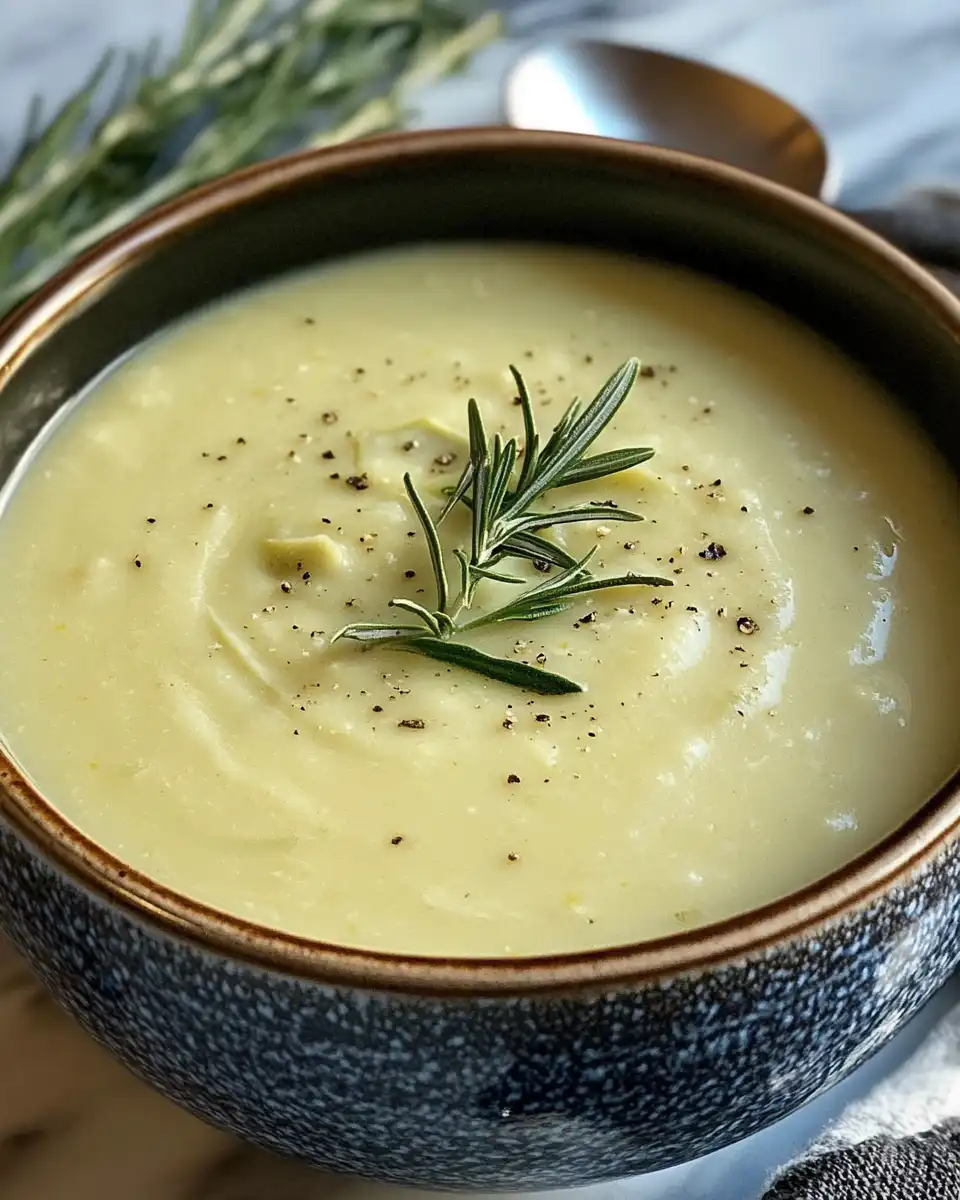 Finished creamy Tuscan artichoke soup with garnish