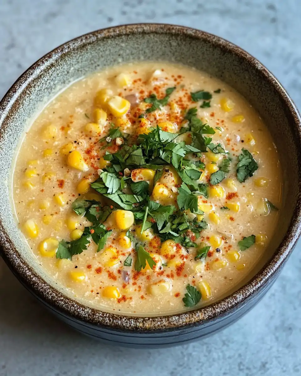 Bowl of creamy Mexican street corn soup with toppings ready to enjoy