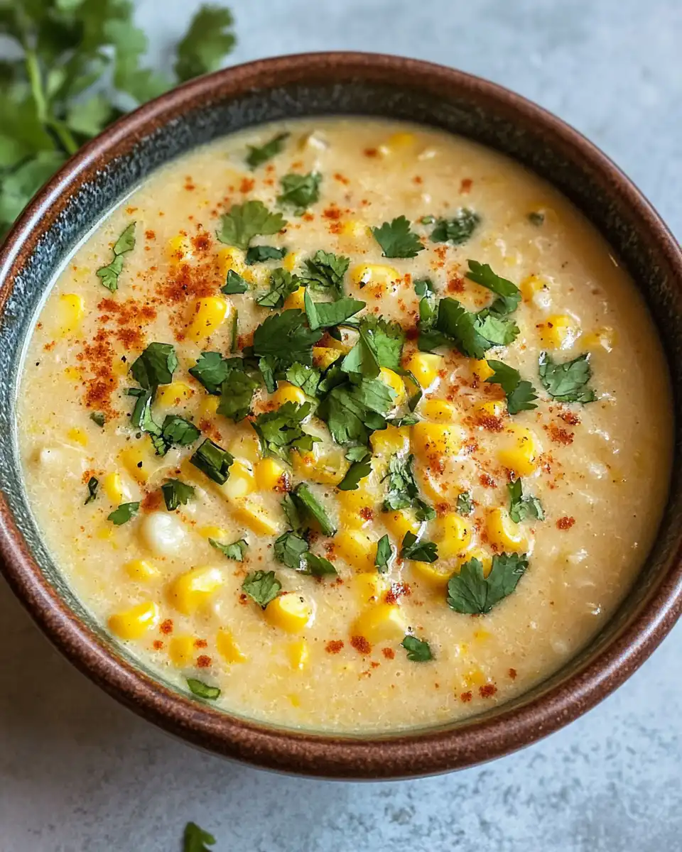 Creamy Mexican street corn soup in a bowl fresh and inviting