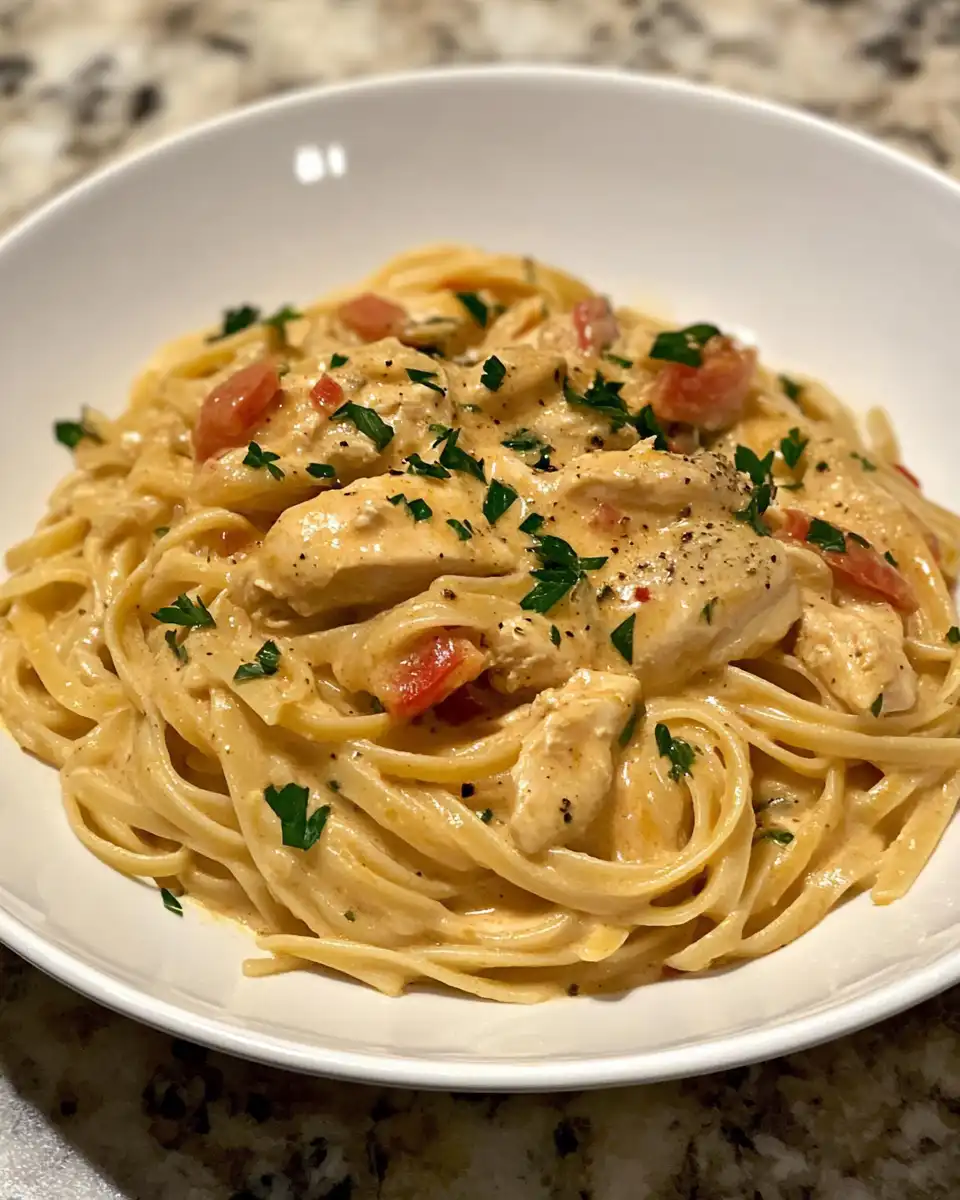 Close up of creamy Cajun chicken pasta on a fork ready to eat