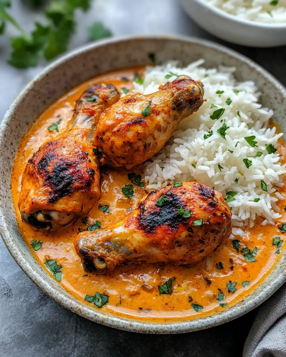 Creamy paprika chicken plated on white plate with parsley garnish