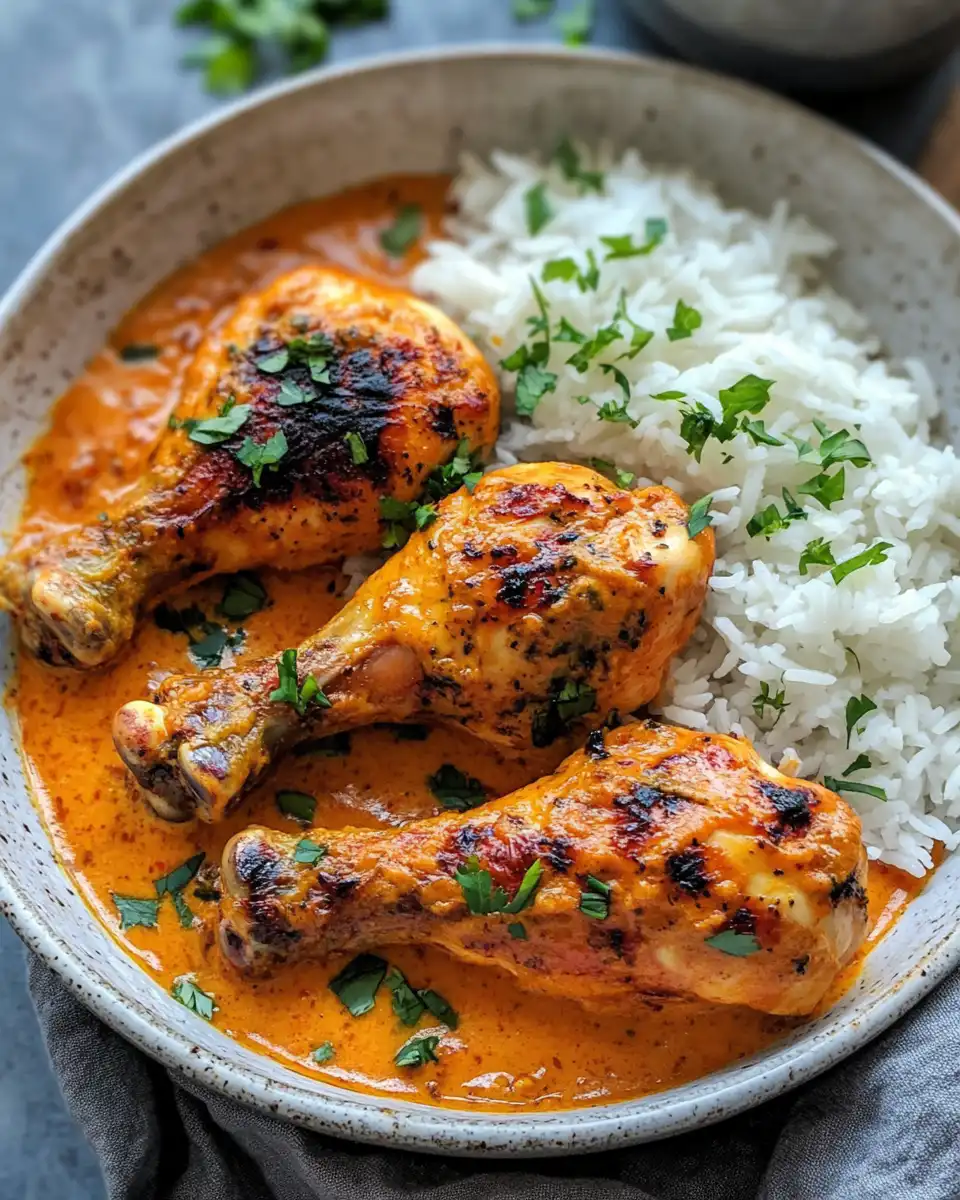 Golden brown seared chicken drumsticks in creamy paprika sauce with steamed rice