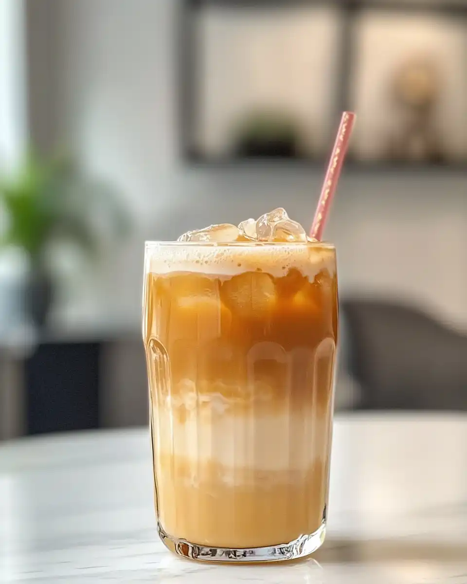 Finished Thai iced tea poured over ice with creamy milk swirled in
