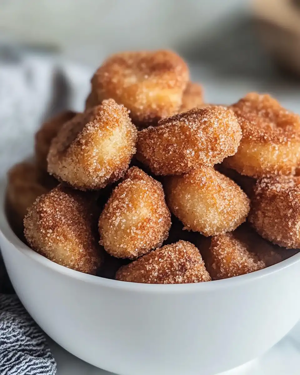 Freshly cooked churro bites just out of the air fryer with golden crisp