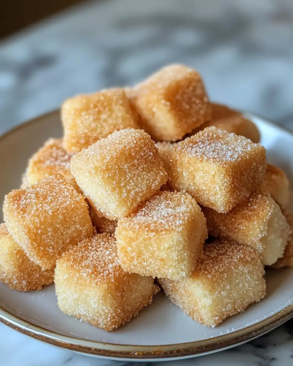 Crispy coated angel food cake churro bites served with creamy dip