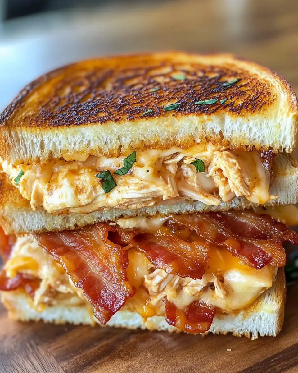 Close up of crispy bacon ranch chicken melt with melted cheddar cheese