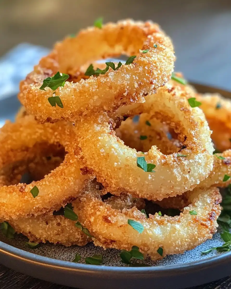 Close up of crispy keto onion ring texture showing golden crust and tender inside