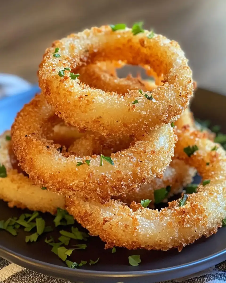 Crispy keto onion rings just out of the oven with golden crust