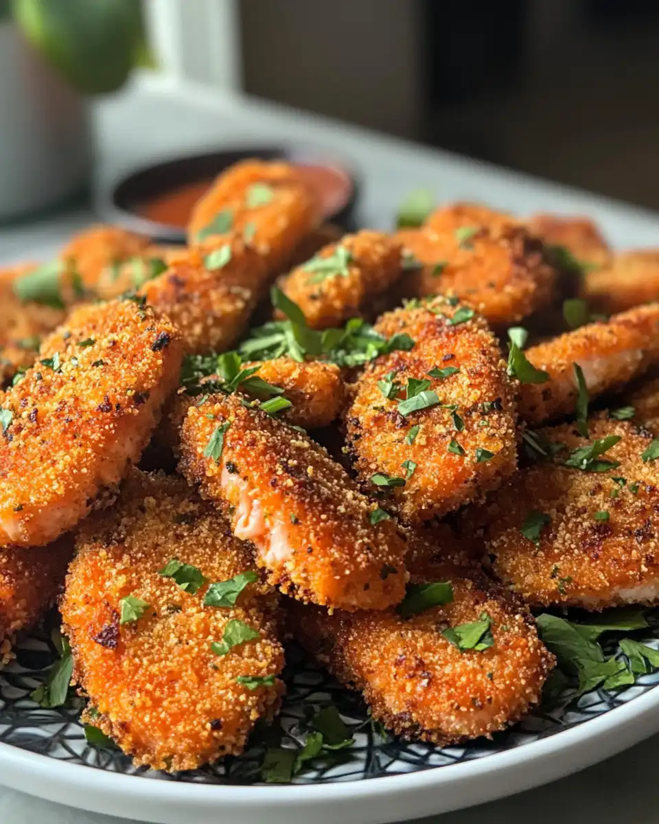 Close up of the cooked crispy bang bang salmon bites plated