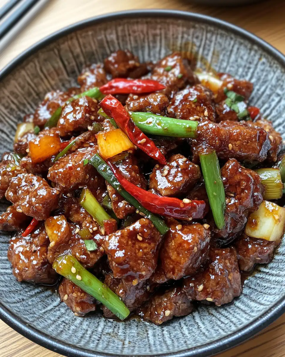 Crispy sticky chili beef coated with glossy sauce in wok ready to serve