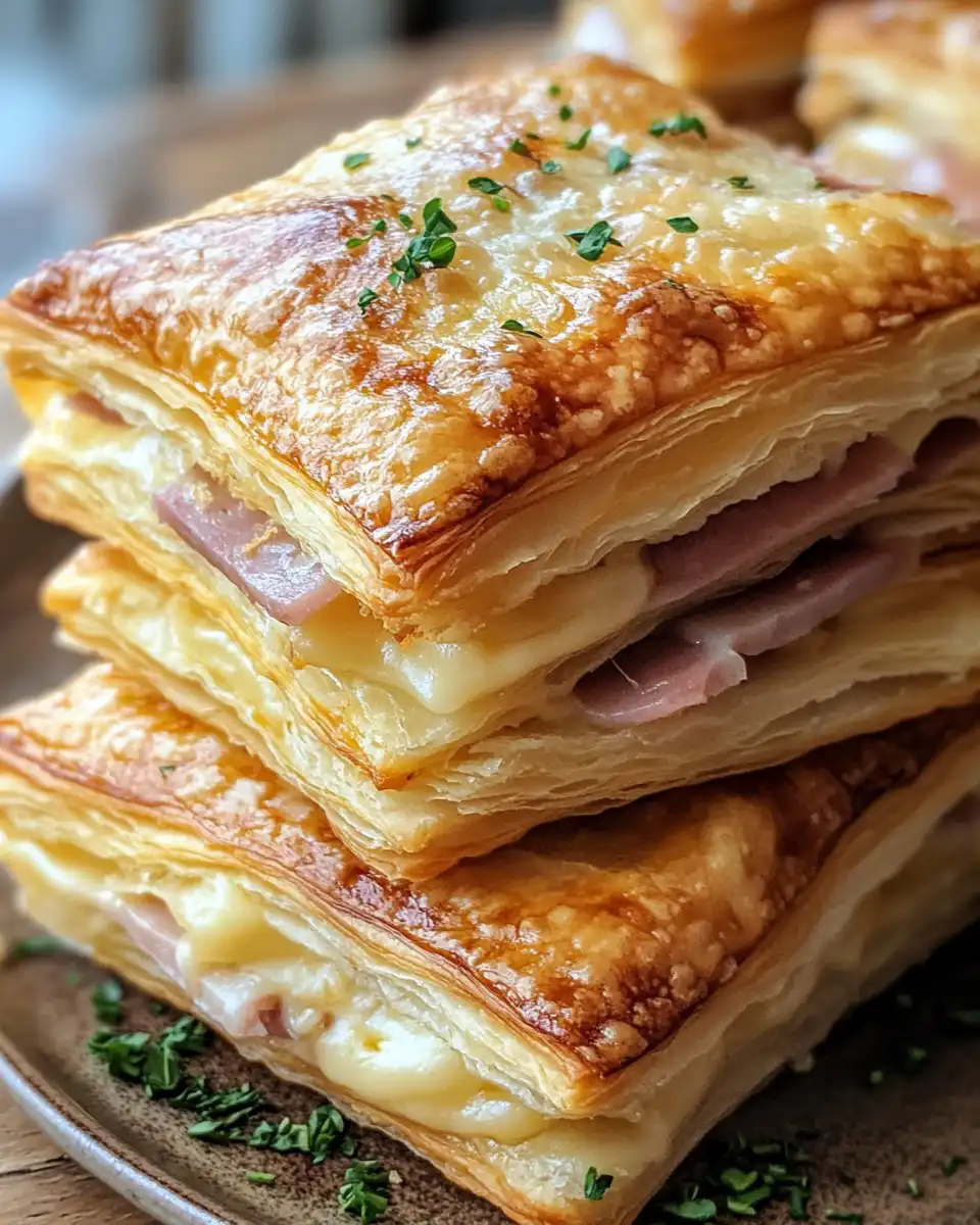 Ingredients and prep of puff pastry with shredded cheddar and ham on baking sheet