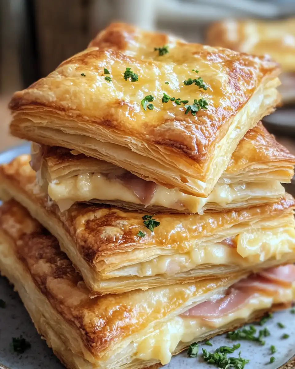 Golden brown puff pastries filled with cheddar cheese and ham served on plate