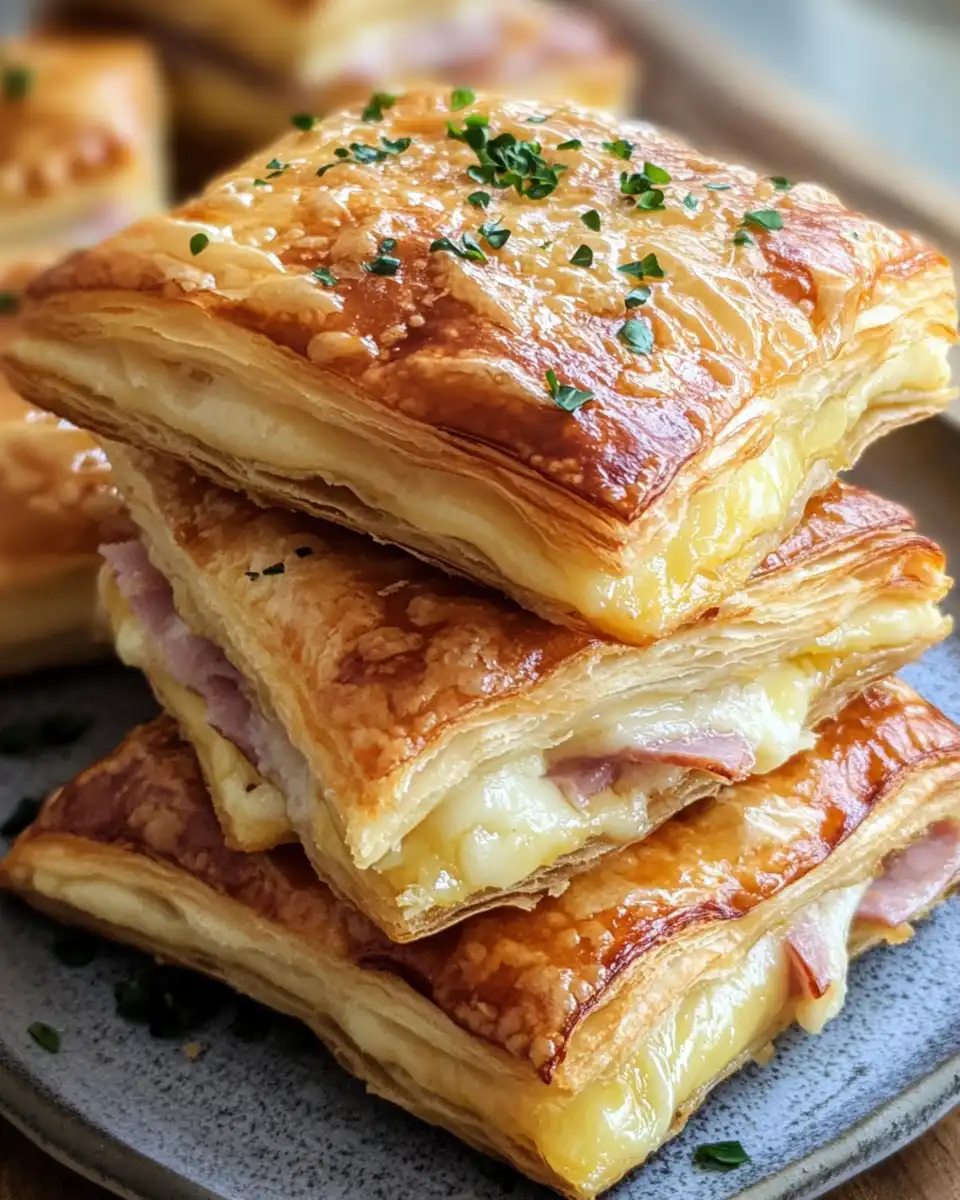 Close-up of flaky golden puff pastry with melted cheddar and ham