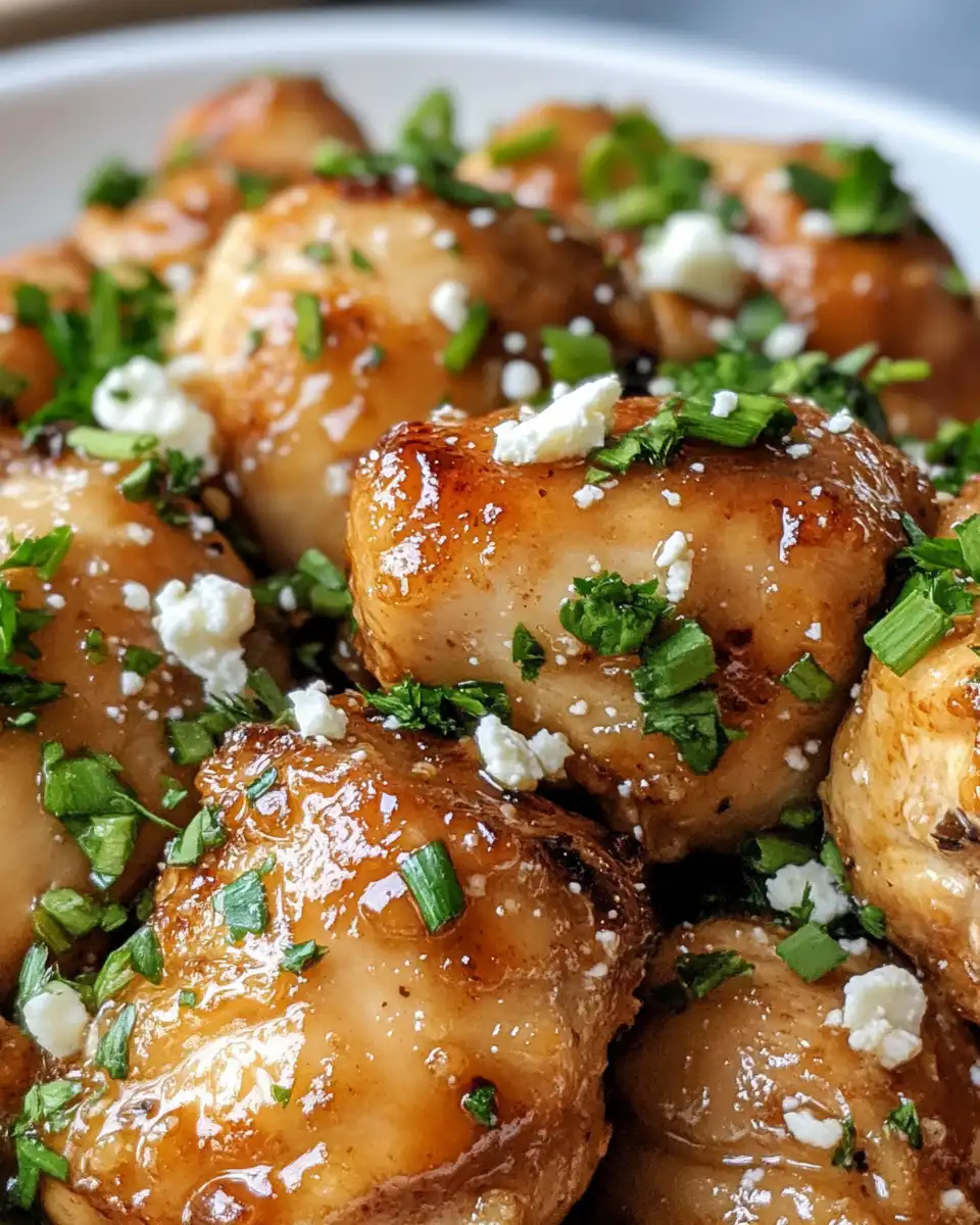 Serving of crispy hot honey feta chicken with melted feta and drizzle