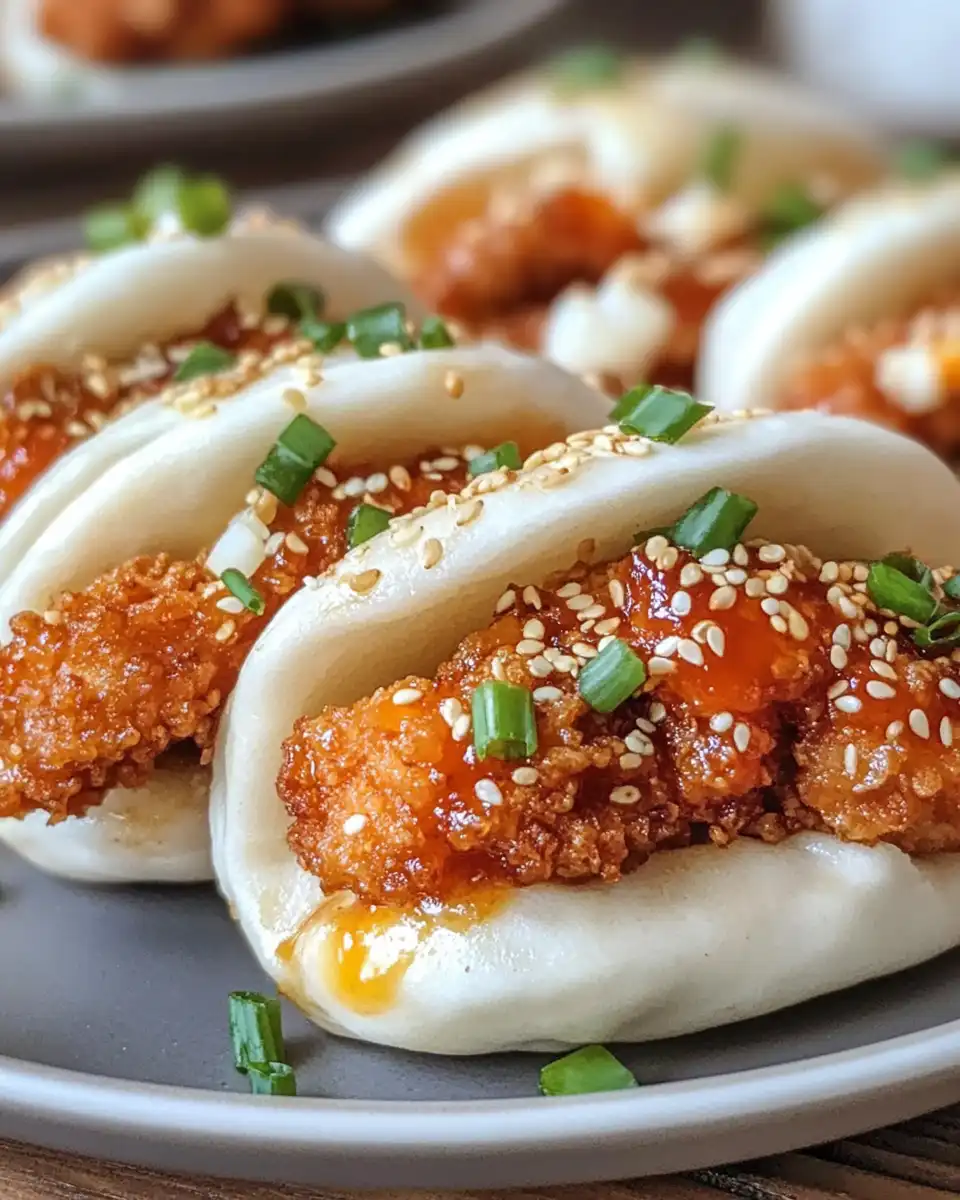 Final served Korean chicken bao buns with sauce and fresh toppings
