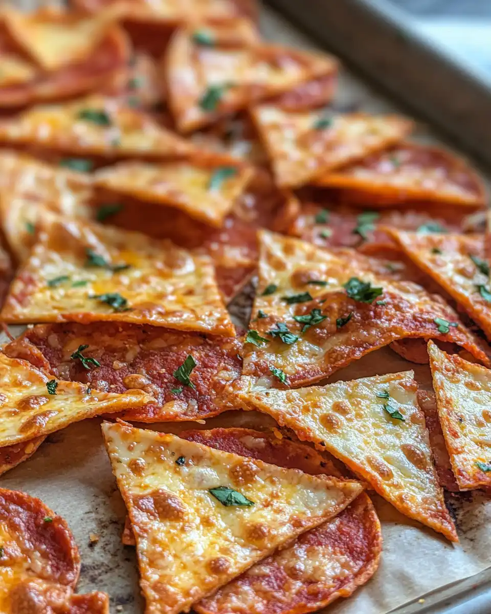 Close up of crispy pepperoni pizza cheese chips cooling