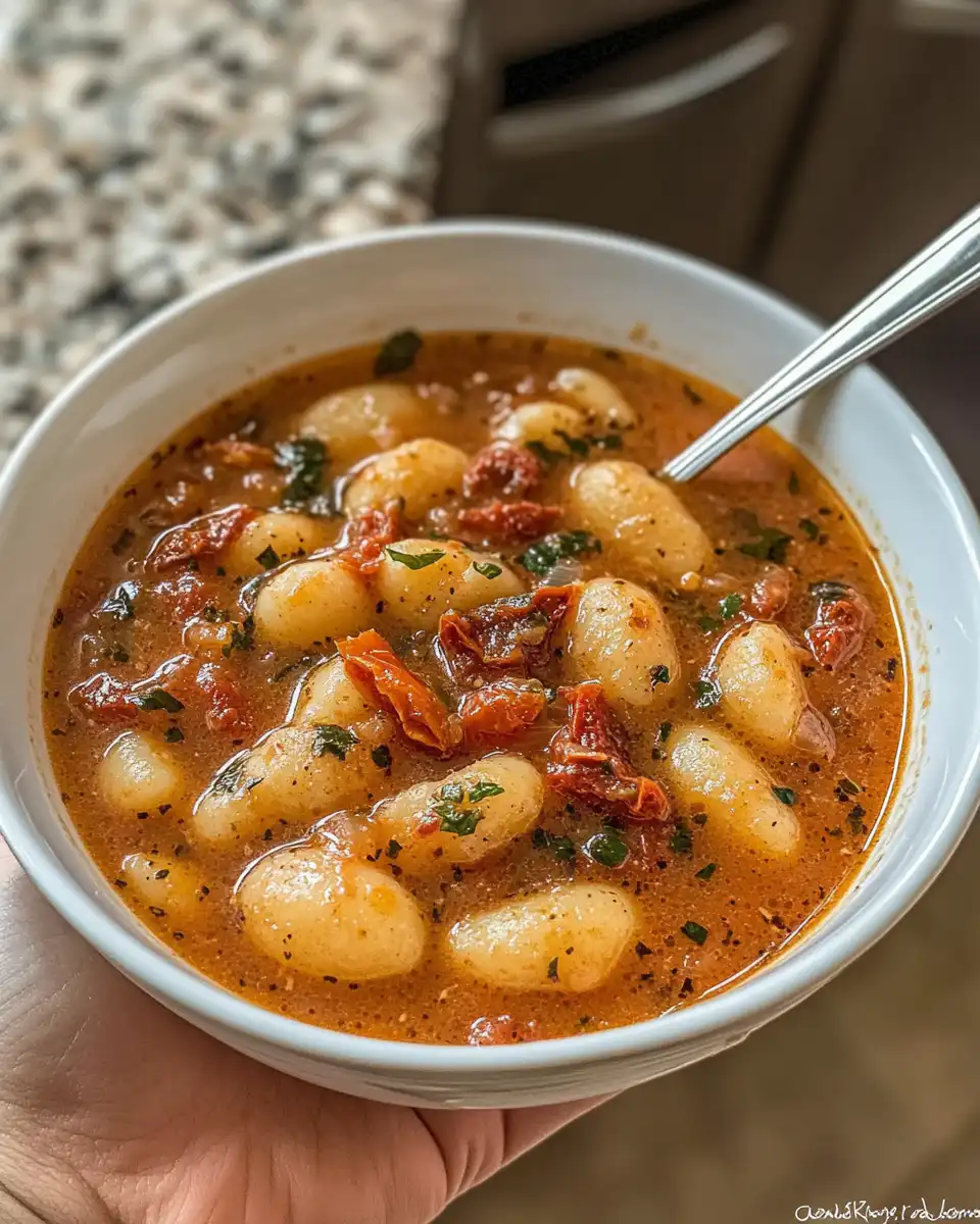 Finished bowl of sun dried tomato gnocchi soup with spinach and white beans