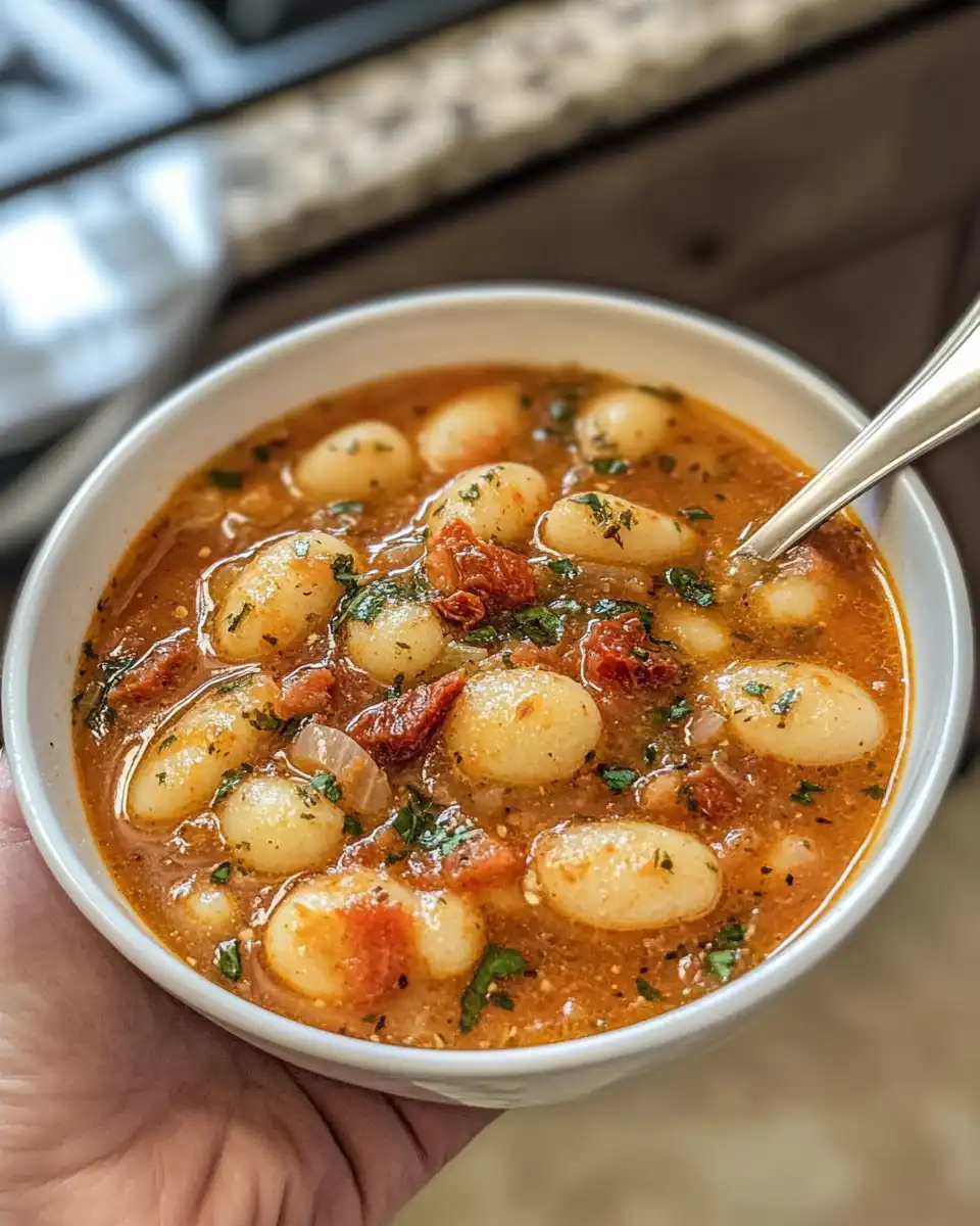 Steam rising from pressure cooker making sun dried tomato gnocchi soup