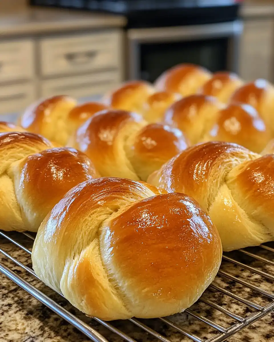 Freshly baked Danish carnival buns cooling on wire rack