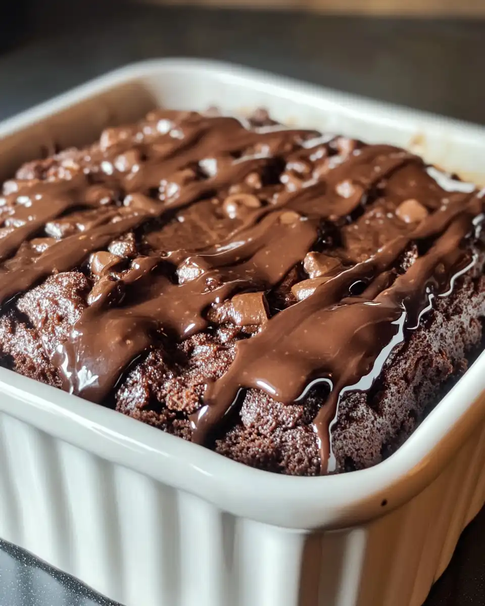 Ingredients for chocolate dump cake pressed into pressure cooker