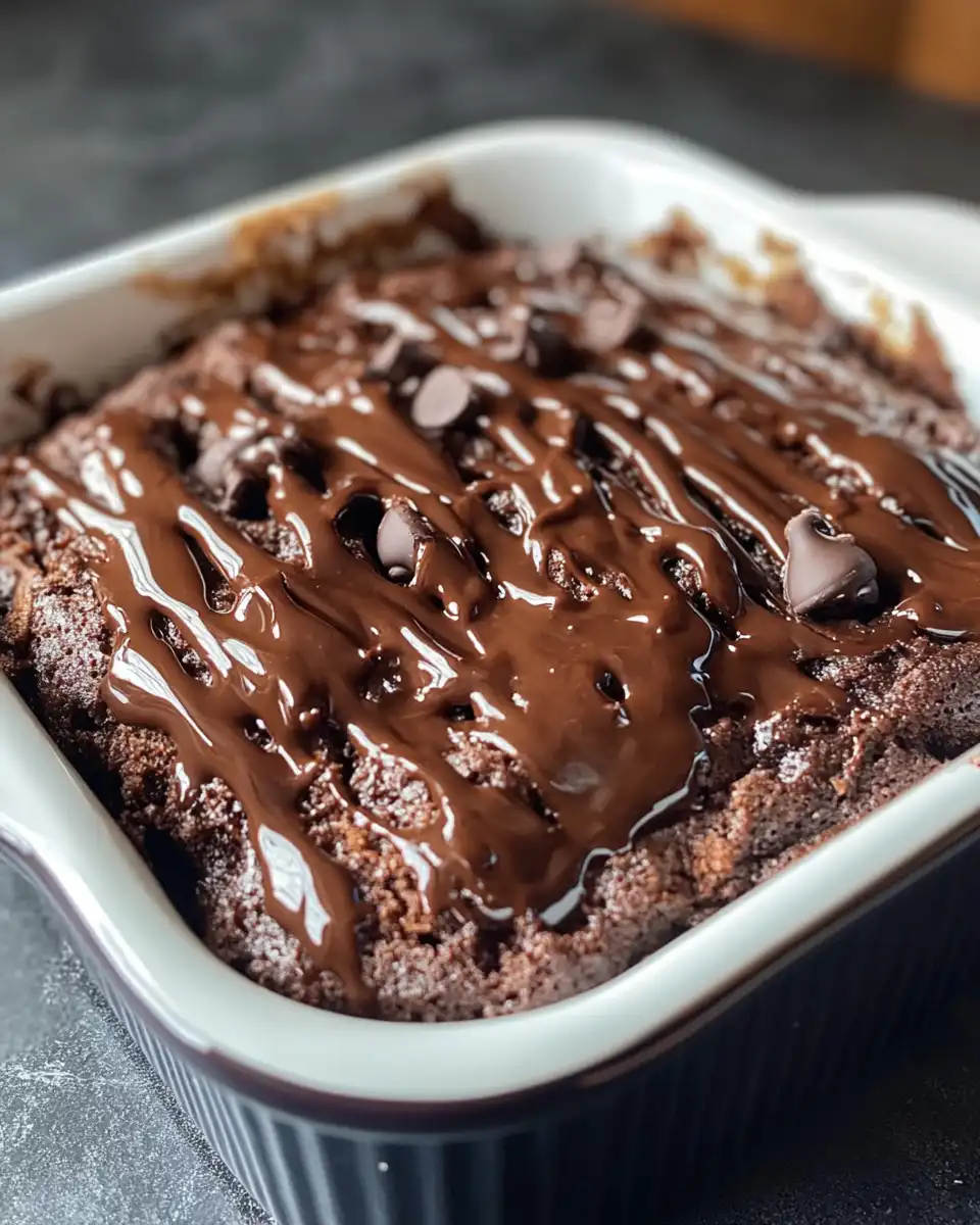 Serving plated chocolate dump cake with scoop of ice cream