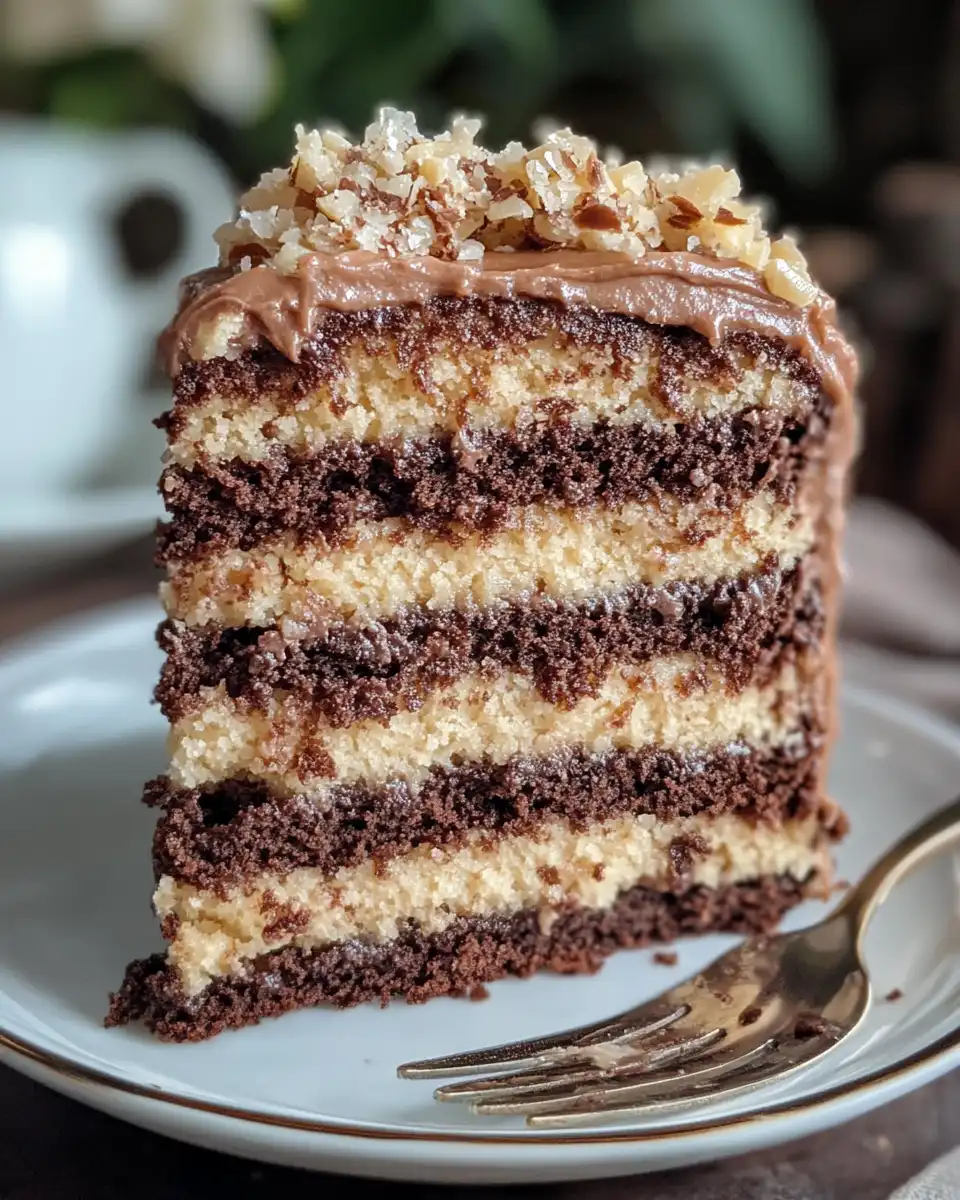 Ingredients for German chocolate cake including flour, cocoa, eggs, and sour cream