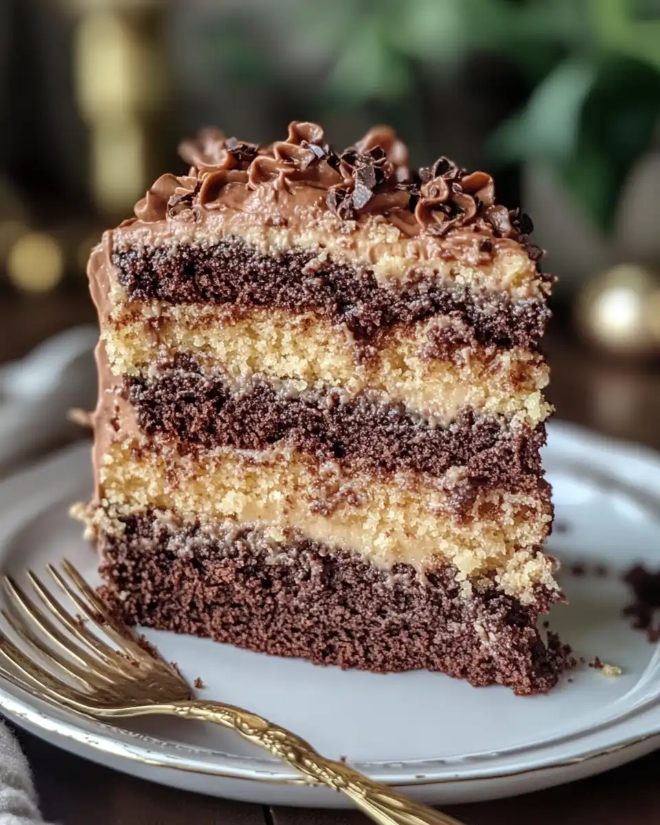 Sliced German chocolate cake with coconut pecan frosting on a serving plate