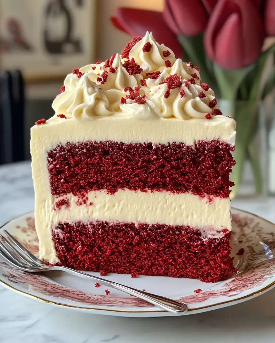 Finished Red Velvet Cheesecake Layer Cake on Plate