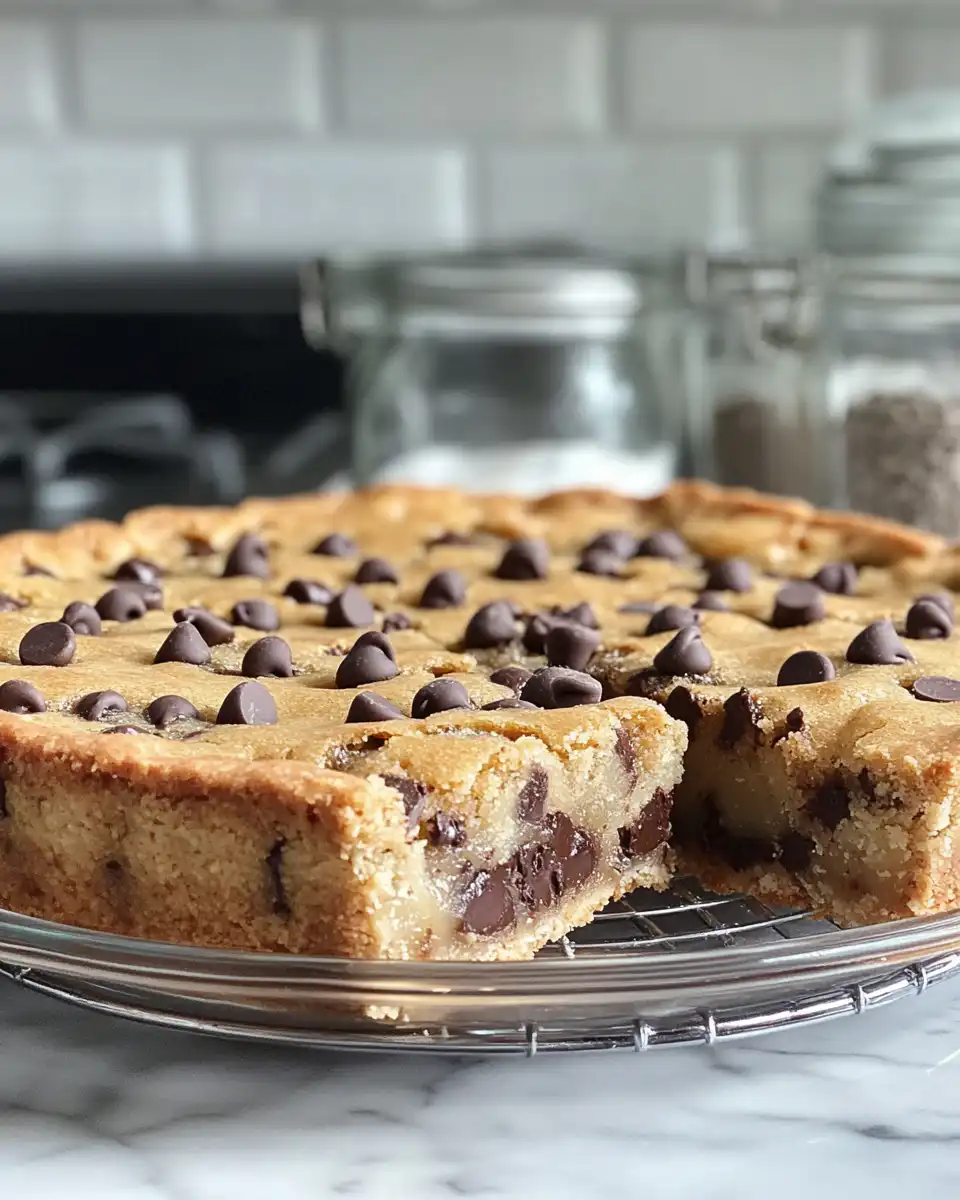 Slice of deep dish chocolate chip cookie pie on plate with ice cream