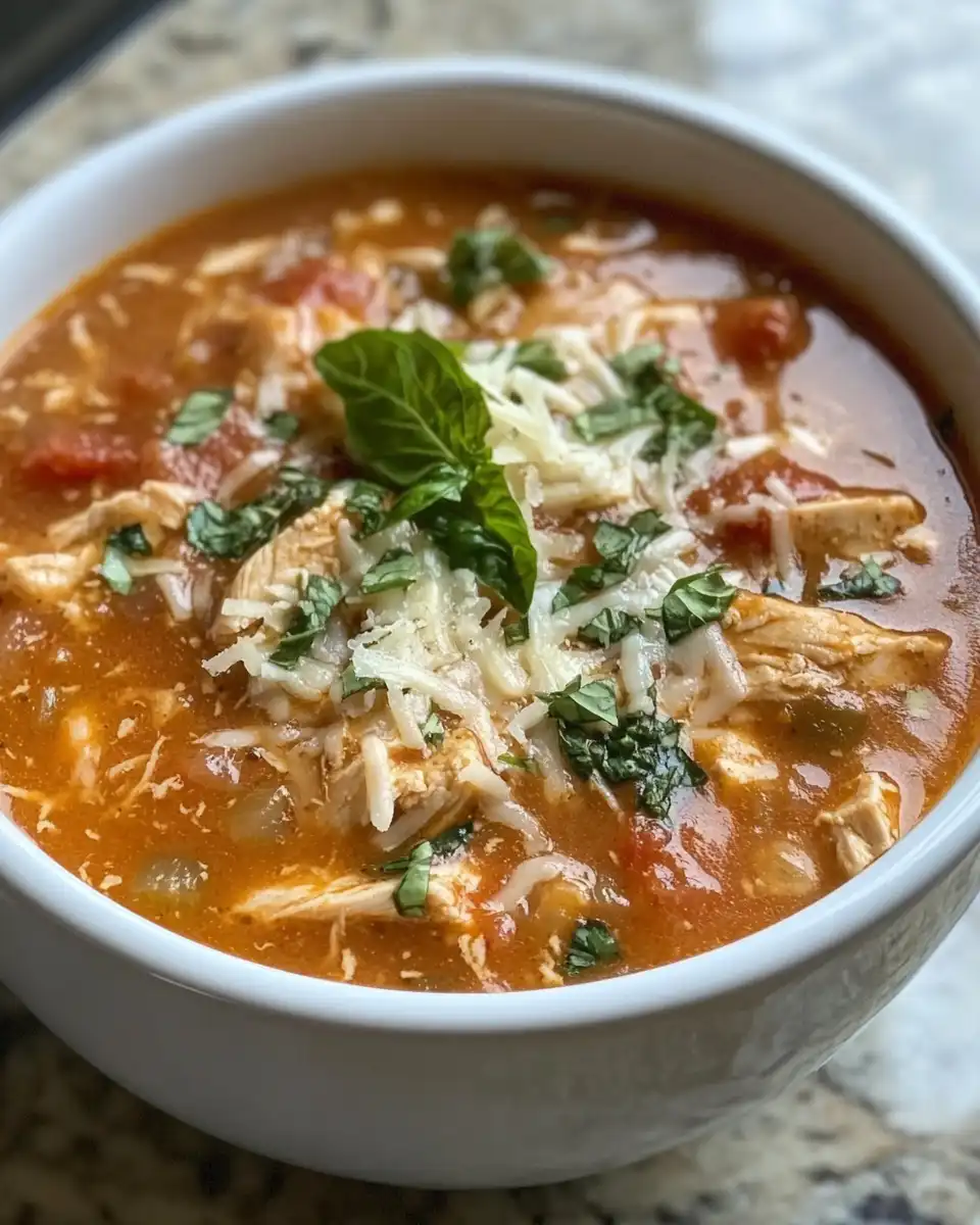 Bowl of creamy chicken parmesan soup topped with mozzarella