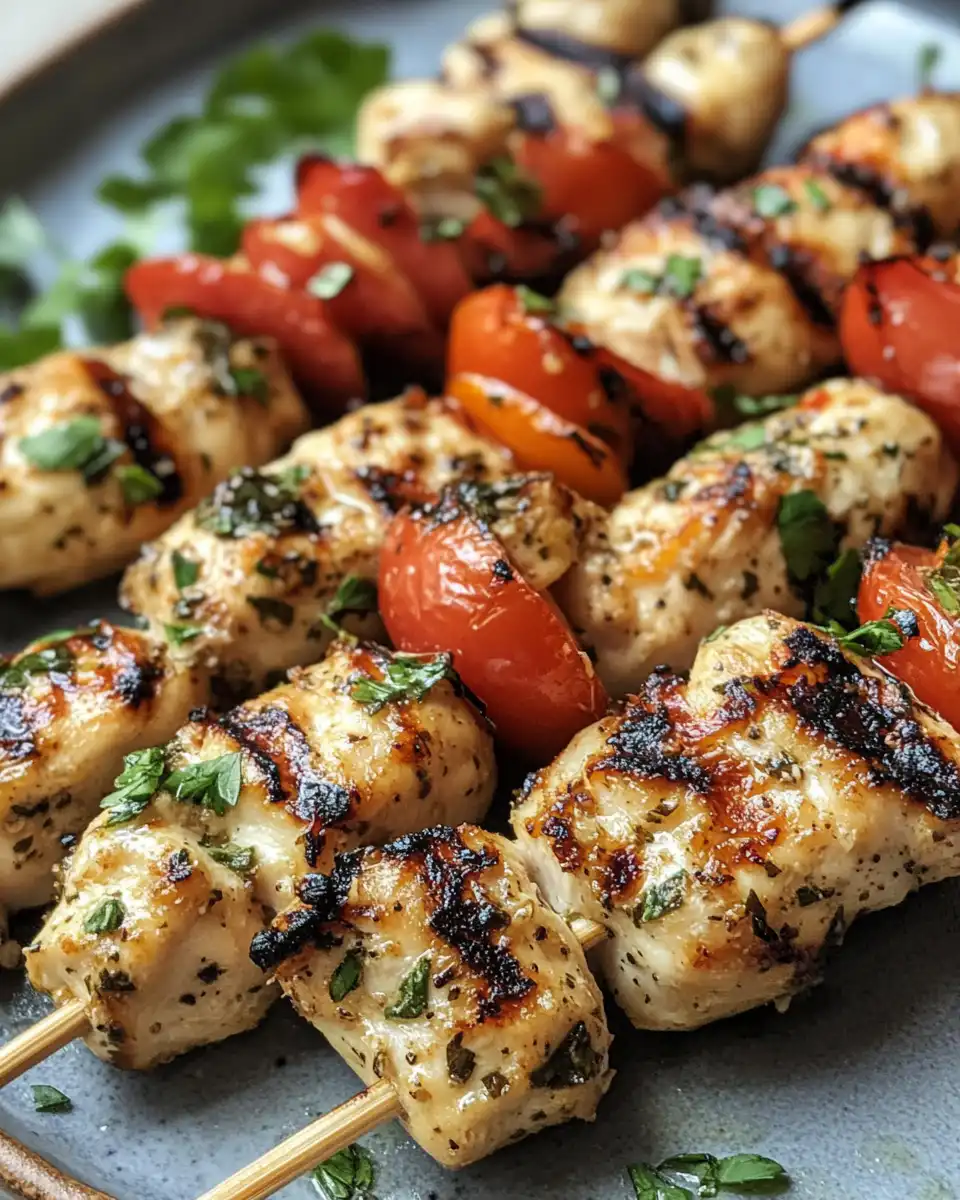Close up of grilled chicken skewers with garlic parmesan glaze