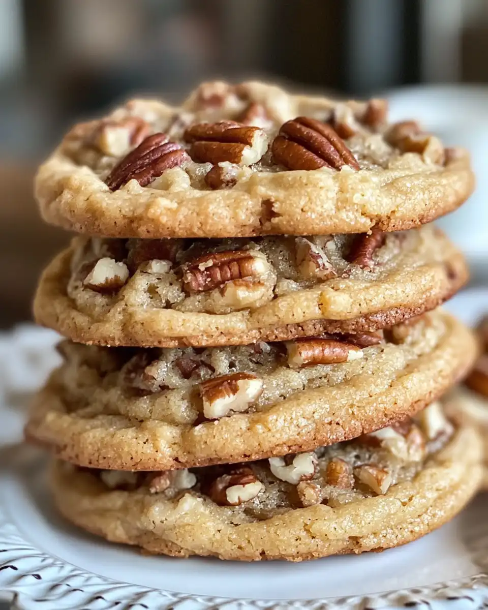 Golden baked pecan pie cookies on cooling rack with sugar sprinkles